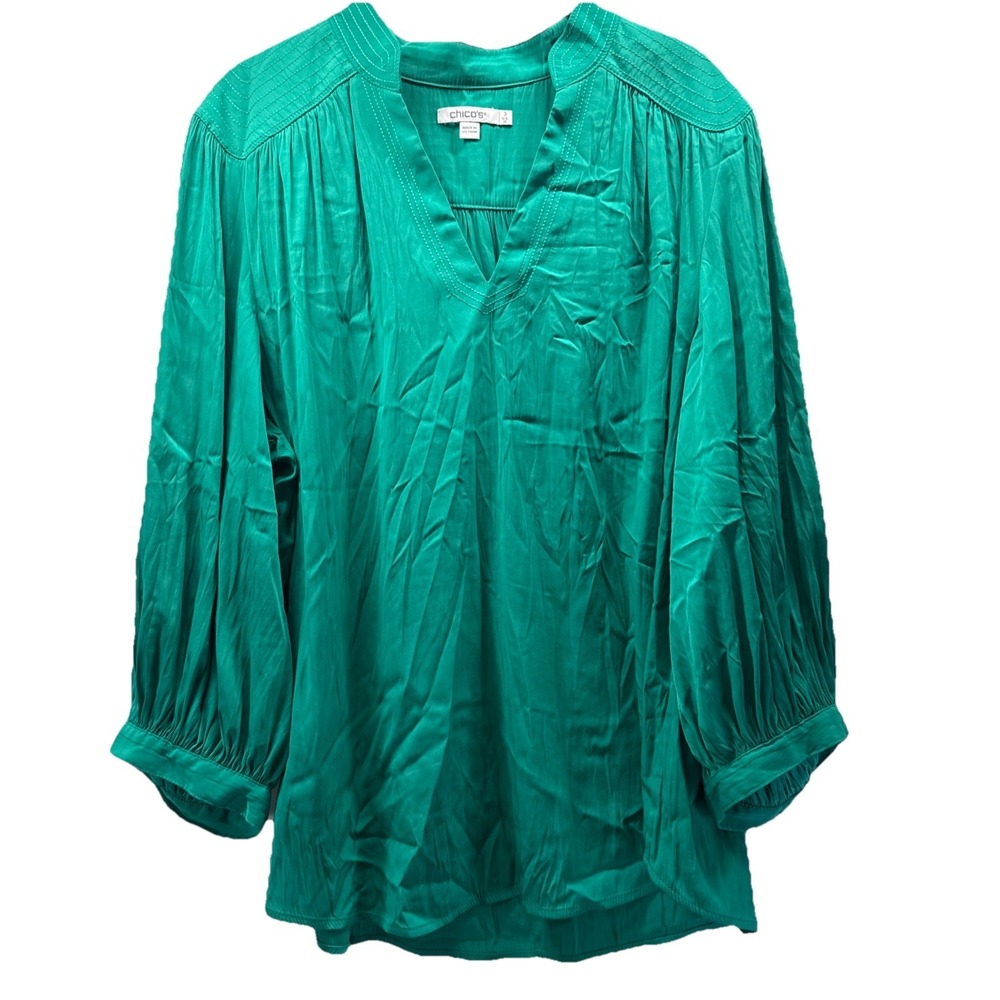 Chicos Women's Top Sz XL Solid Green 3/4 Gathered Sleeves Popover V Neck Pleated